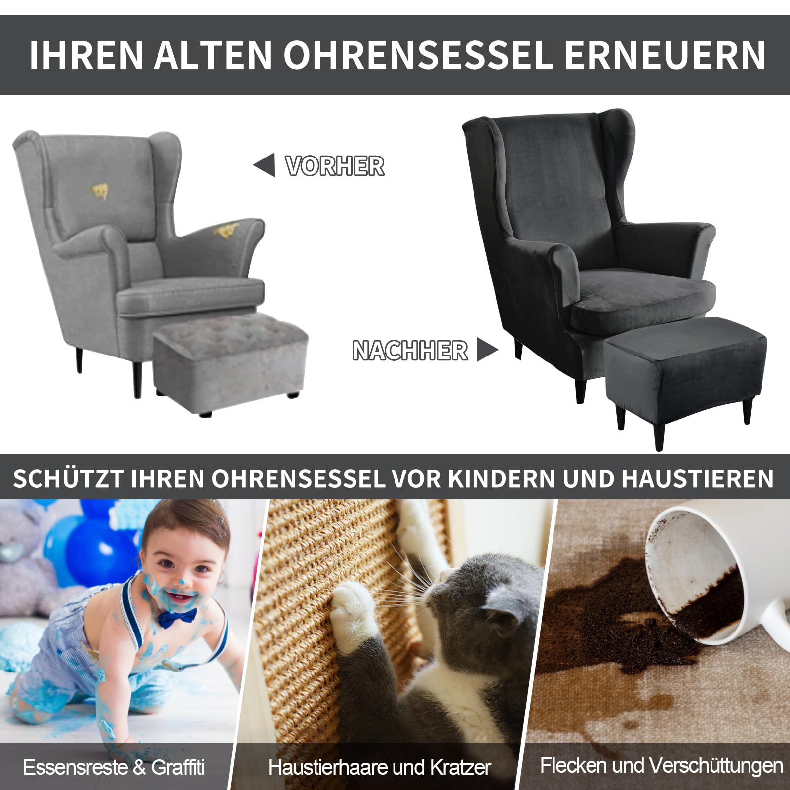 Alishomtll 3 Teilig Ohrensessel Überzug Mit Ottomane Schonbezug Stretch Samt Sessel-Überwürfe Elastisch Einfarbig Sesselhusse Strandmon Tiger Stuhlbezug mit Armlehne Hohe Rückenlehne (Dunkelgrau)