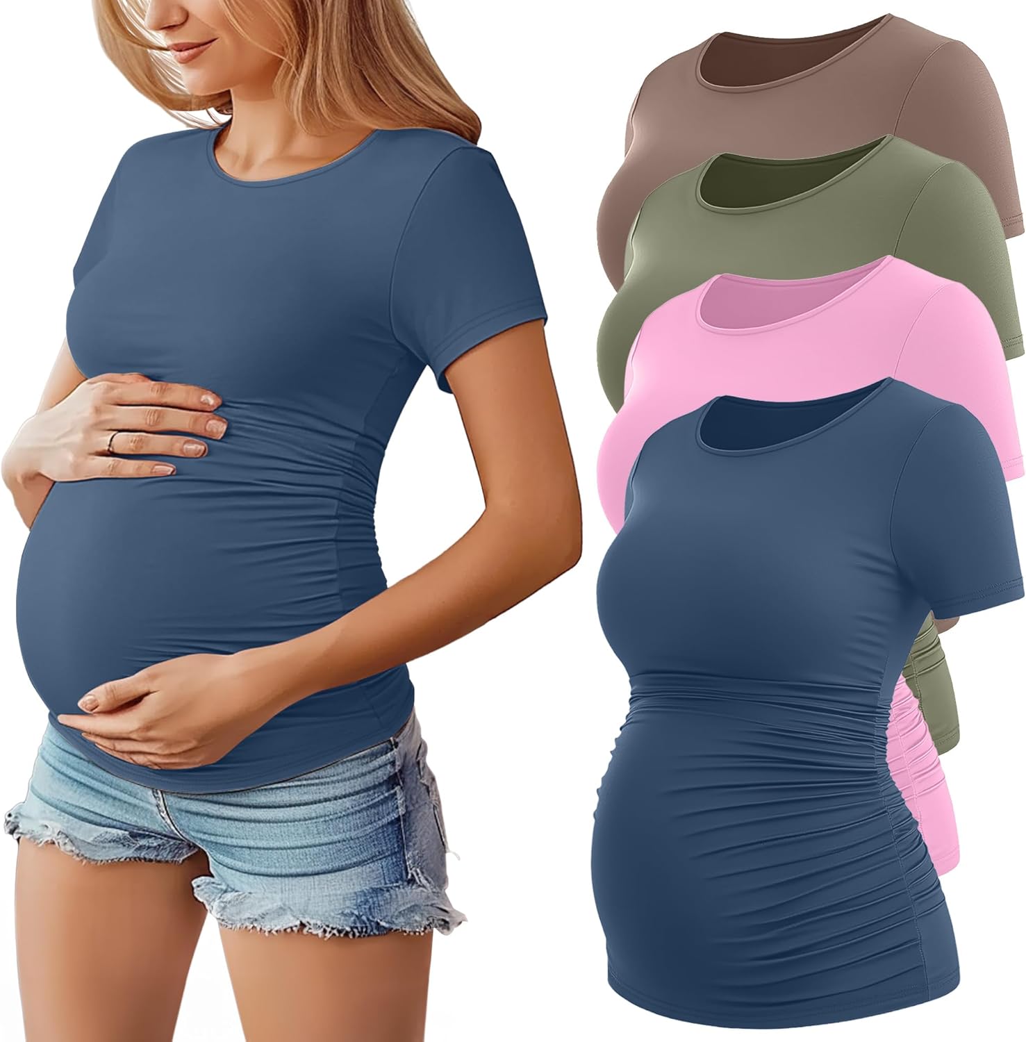 Huukeay 4 Pack Women's Maternity Shirts, Crew Neck Maternity Top Short Sleeve Casual Cotton Tee Side Ruched Pregnancy Clothes