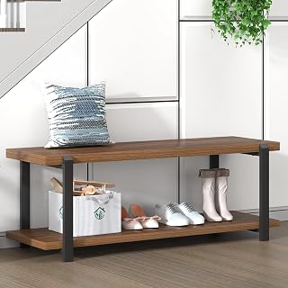 FOLUBAN 47" Rustic Walnut Entryway Bench with Shoe Storage - Industrial Wood Metal End of Bed Bench for Hallway, Bedroom, Living Room