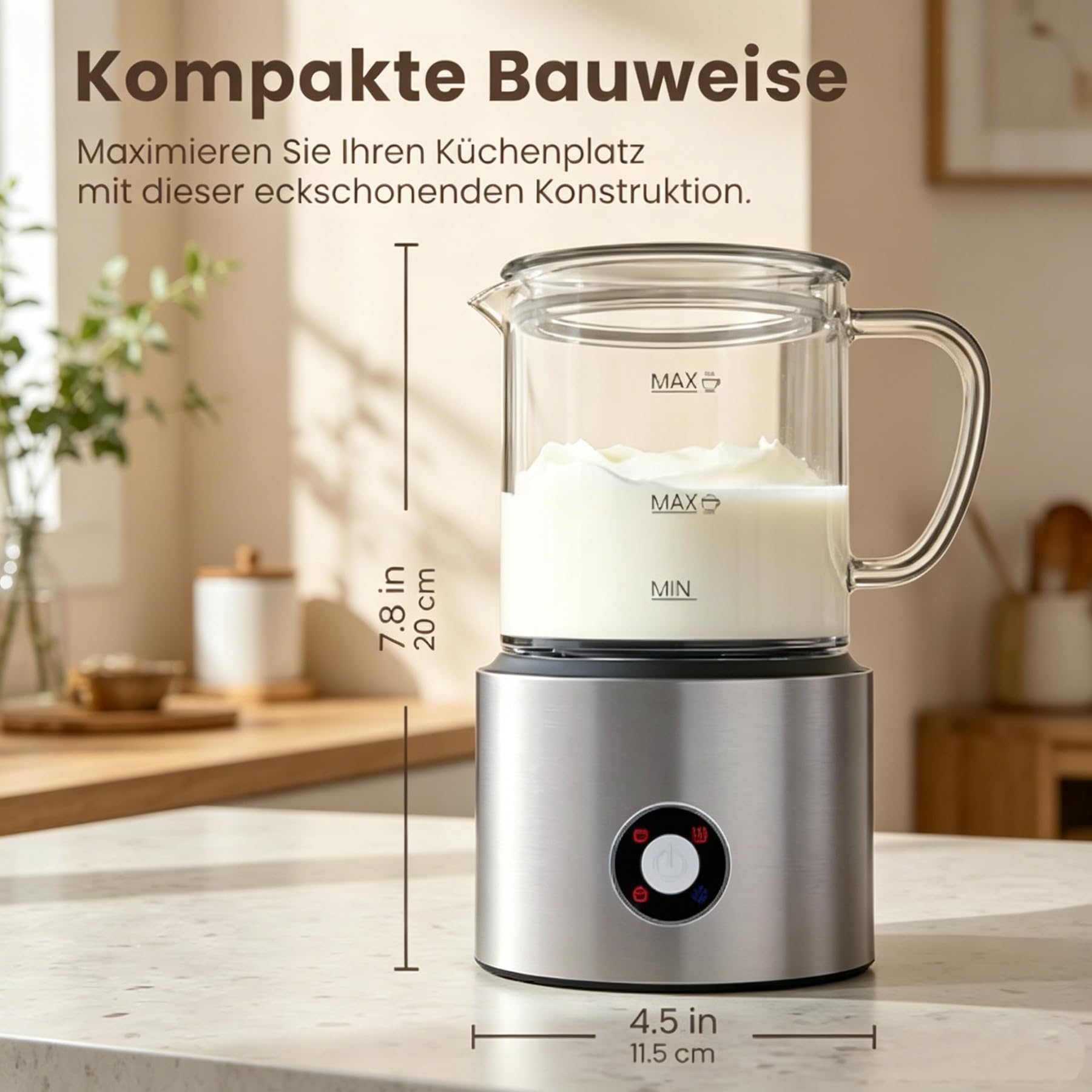 Milchaufschäumer Elektrisch 4 in 1, Milchschäumer Induktion 500ml Kalt Warm, Automatische, Spülmaschinenfest, Abnehmbar Visuelles Glas für Kaffee und Latte