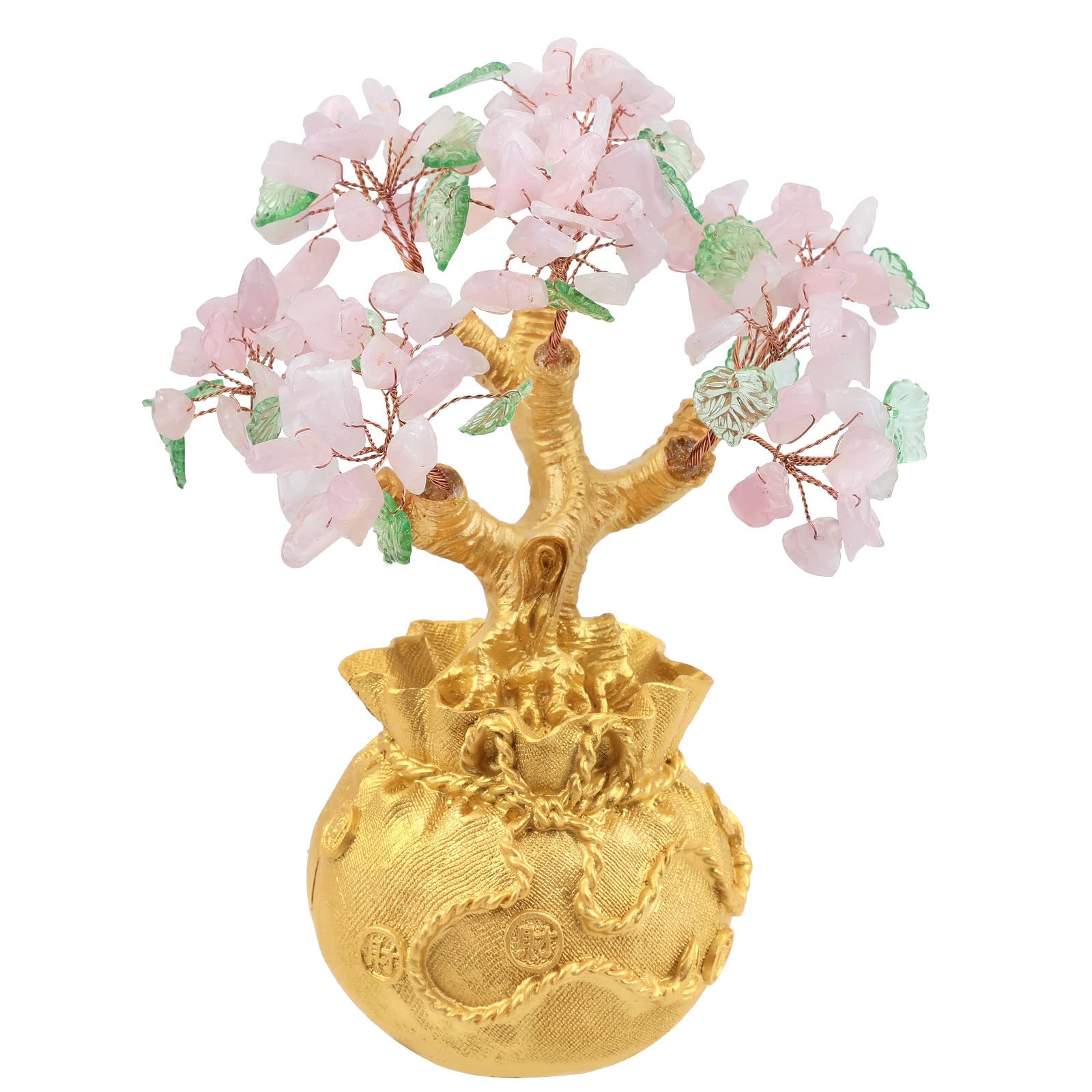 Nupuyai Rose Quartz Crystal Money Tree with Golden Money Bag Base for Home Office Decor Wealth and Luck Bonsai Tree Fengshui Ornament with Gift Box