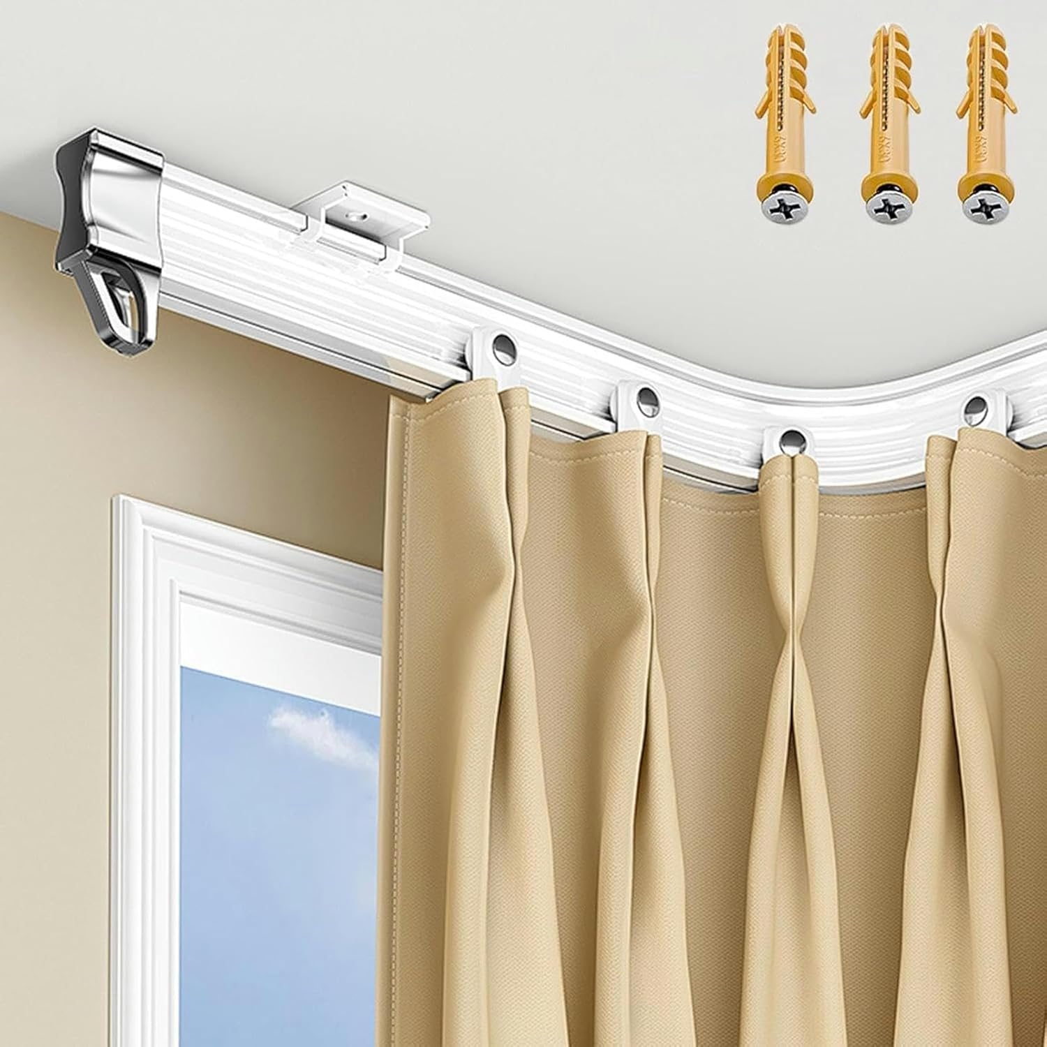 Flexible Curved Ceiling Curtain Track System, RV Curtain Rod Divider for Hospital, Office, Hotel, Bendable Metal Drapery Rails Kit with Screws(4.4m/14.4ft)