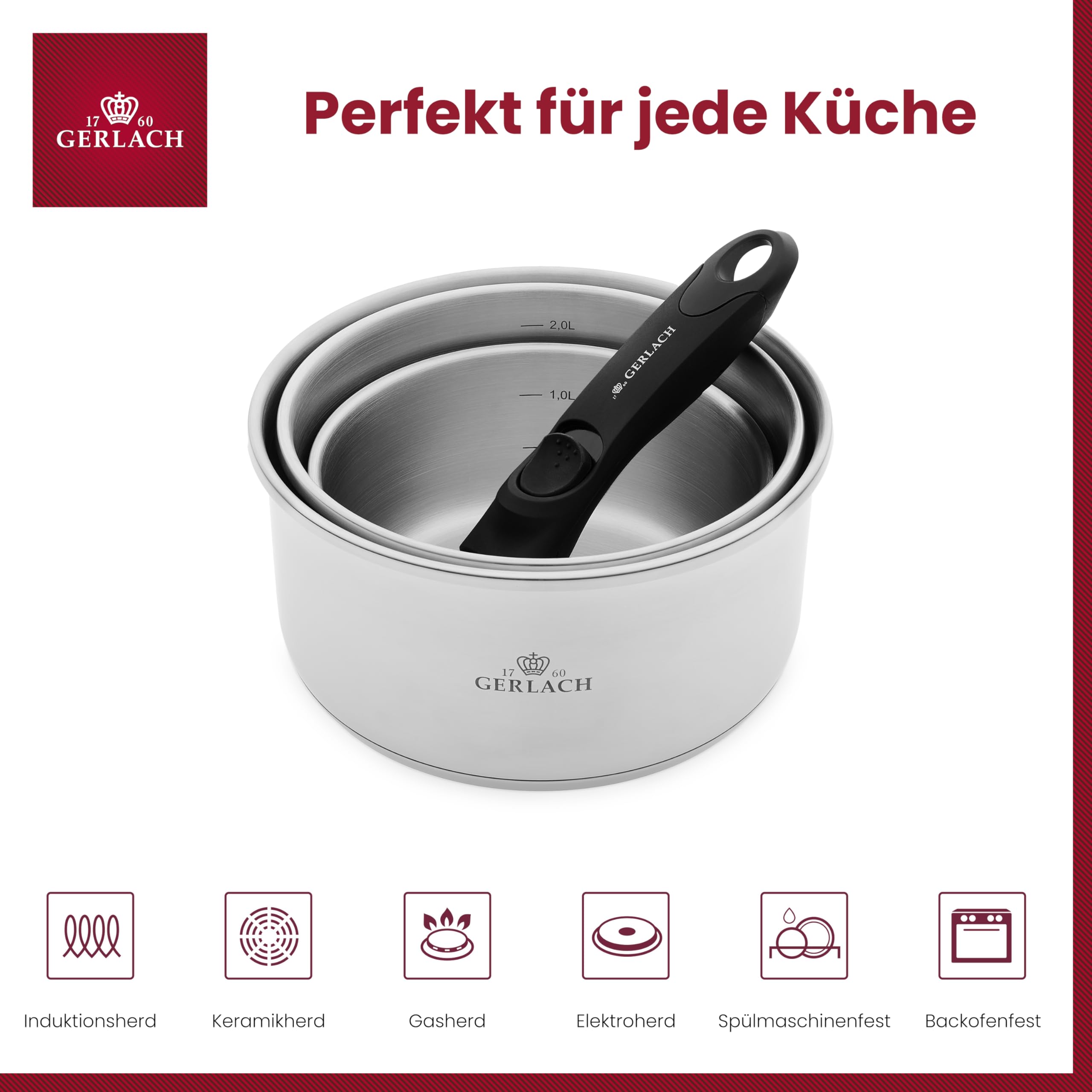Gerlach Smart Steel Topf-Set Edelstahl Abnehmbarer Griff Kochtopf-Set Induktion Induktionstöpfe-Set Töpfe-Set Induktionsgeeignet Kochgeschirr 3 Stück, Groß, Silber