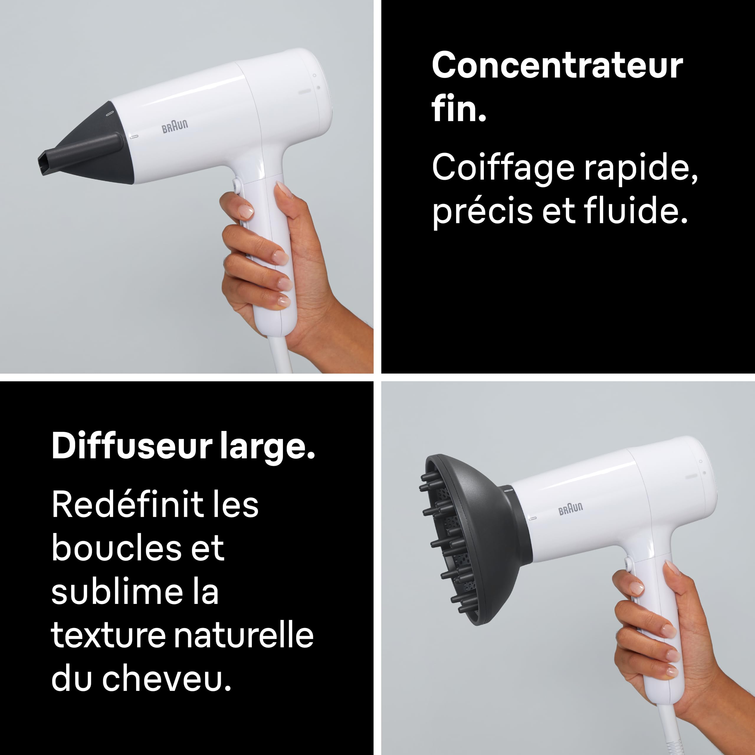 Sèche-Cheveux Braun HD2.21, Puissant avec Diffuseur et Concentrateur, Technologie IONTEC, Moteur 2200W avec 3 Réglages de Températures et 2 Vitesses, Finition Blanc Brillant, BRHD226