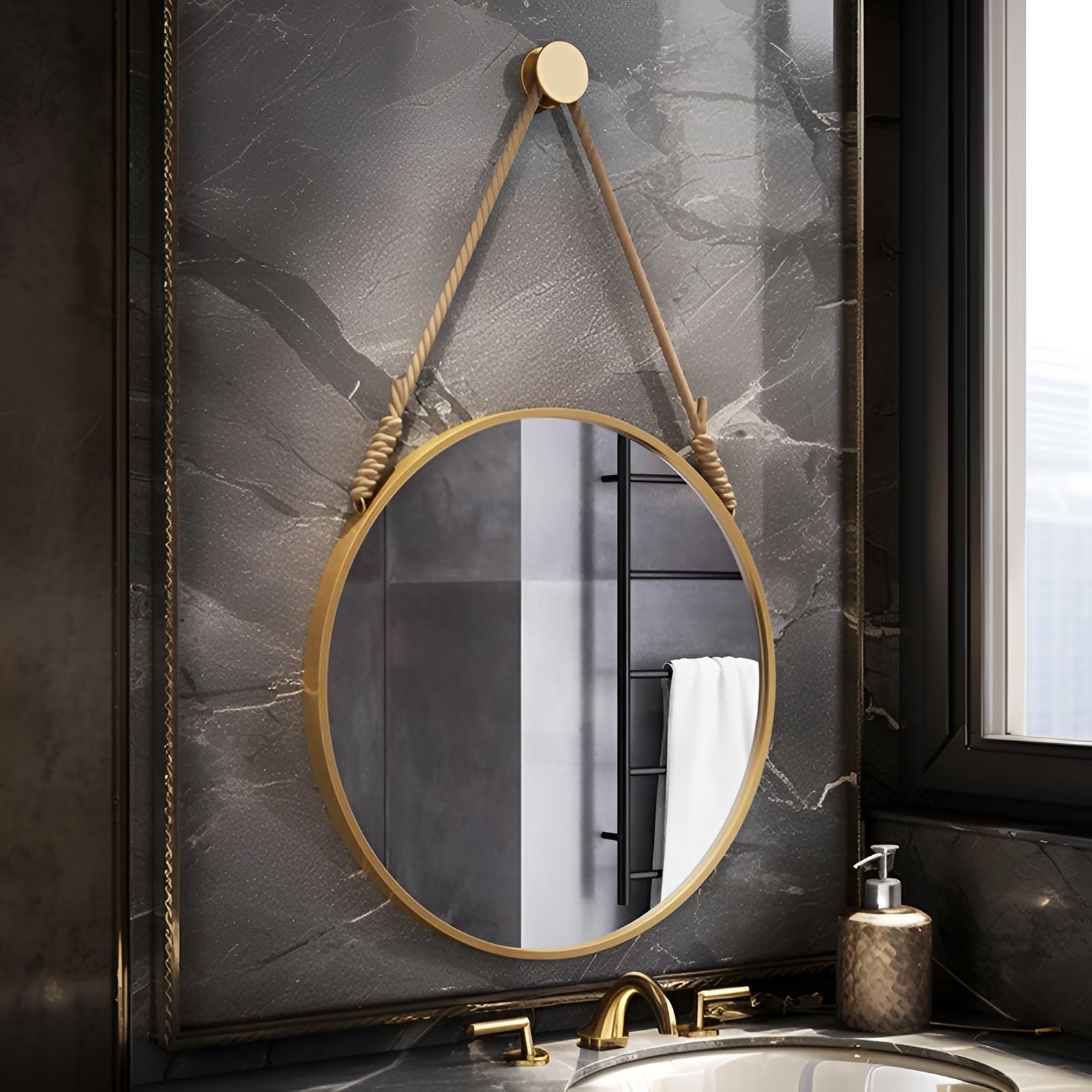FGXHHS Metal Frame Round Wall Mirror With Rope, Vintage Modern Decorative Artistic Hanging For Bedroom, Bathroom, Entryway, Hallway(Gold,60cm/23.6in)
