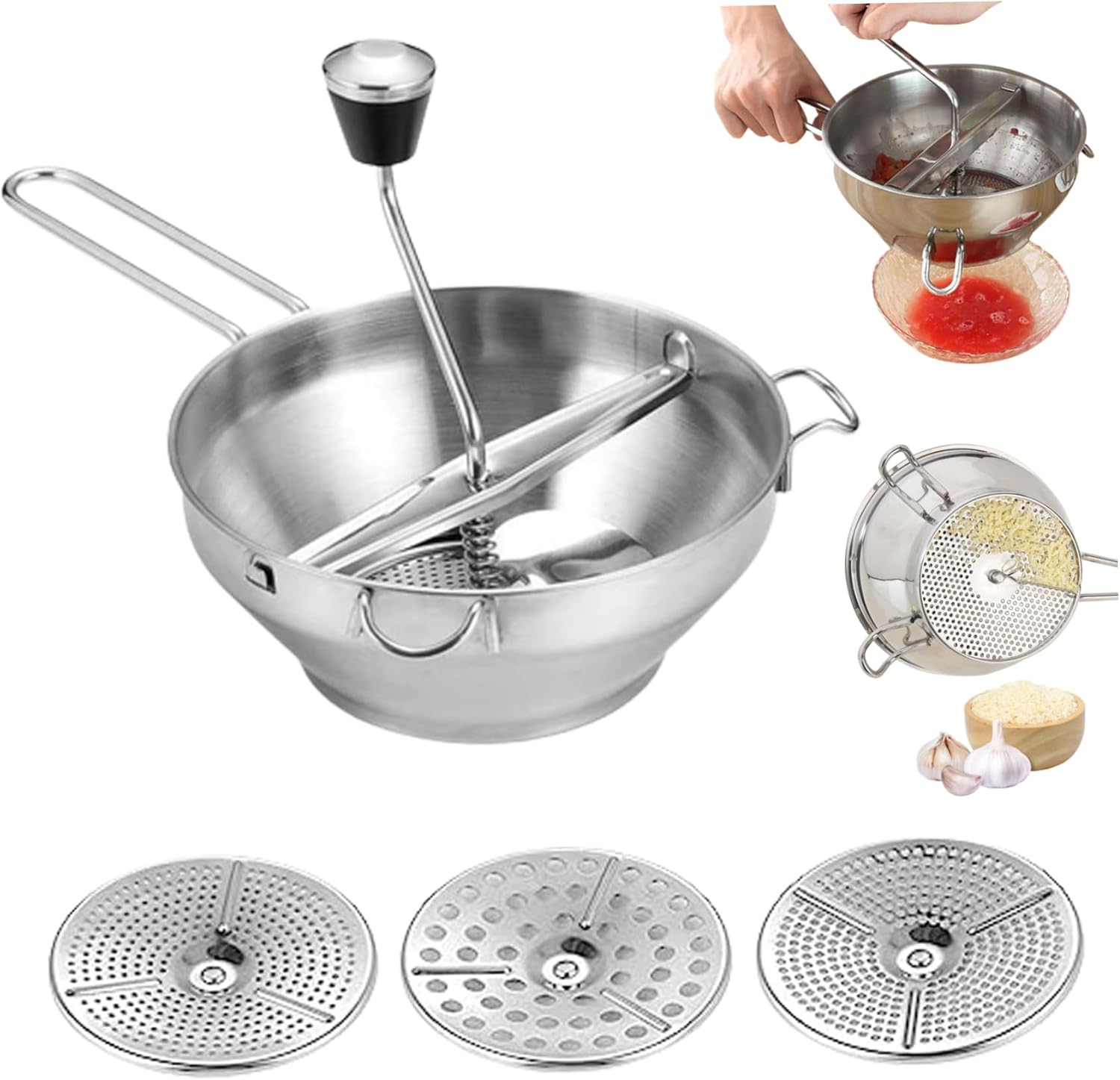 Food Mill Stainless Steel Mill with 3 Grinding Discs Rotary Manual Washable Kitchen Restaurant Mills for Tomato Sauce Mashed Potato Jam 4Pcs/Set 19cm/7.48inch