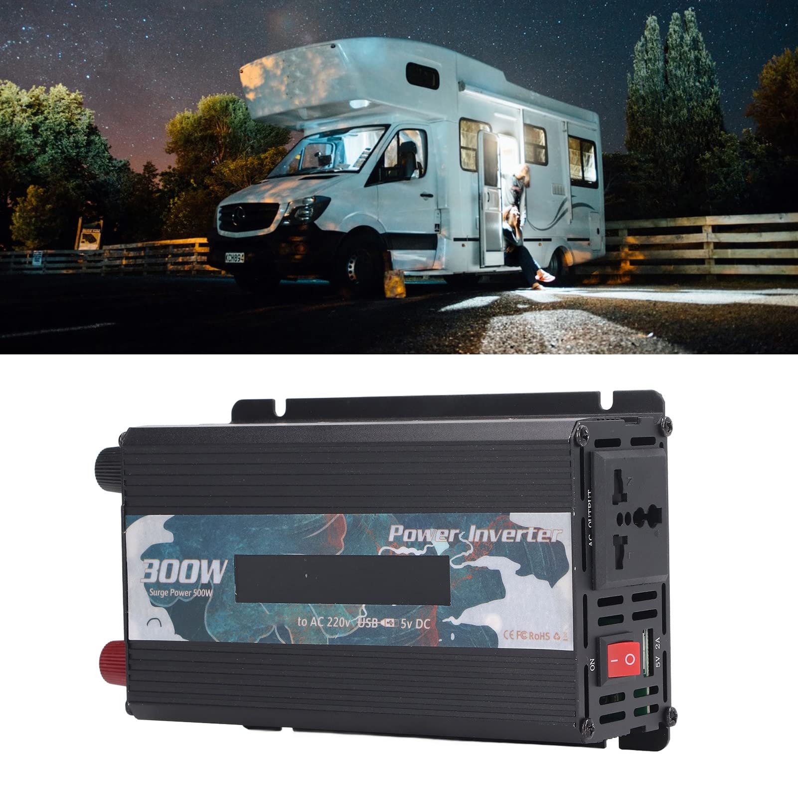 Omabeta Auto-Wechselrichter, Effizienter 300-W-Sinuswellen-Konverter für Laptops, Ventilatoren, Fernseher für den Urlaub, Aluminiumlegierung (DC12V)