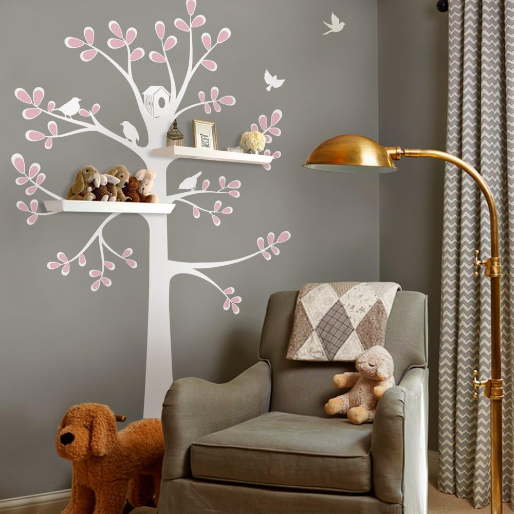 Shelving Tree Wall Sticker with Birds - by Simple Shapes (Small Size (Approx): 51w x 88h, Scheme B)