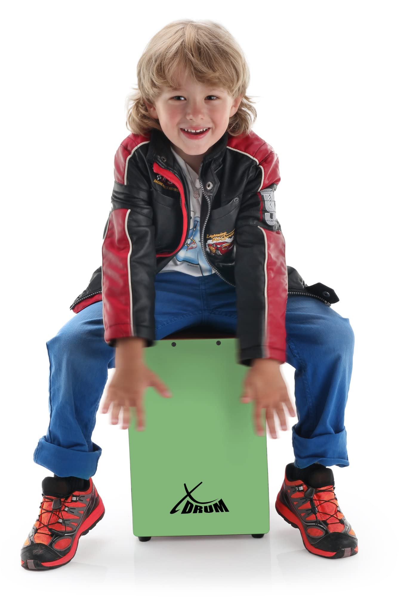XDrum KC-37GN Cajón Infantil Verde Set con Escuela, Solo 36 cm de alto | Cajón pequeño especialmente diseñado para niños, Adecuado para educación musical temprana, Totalmente de abedul, 5 x 36 x 23