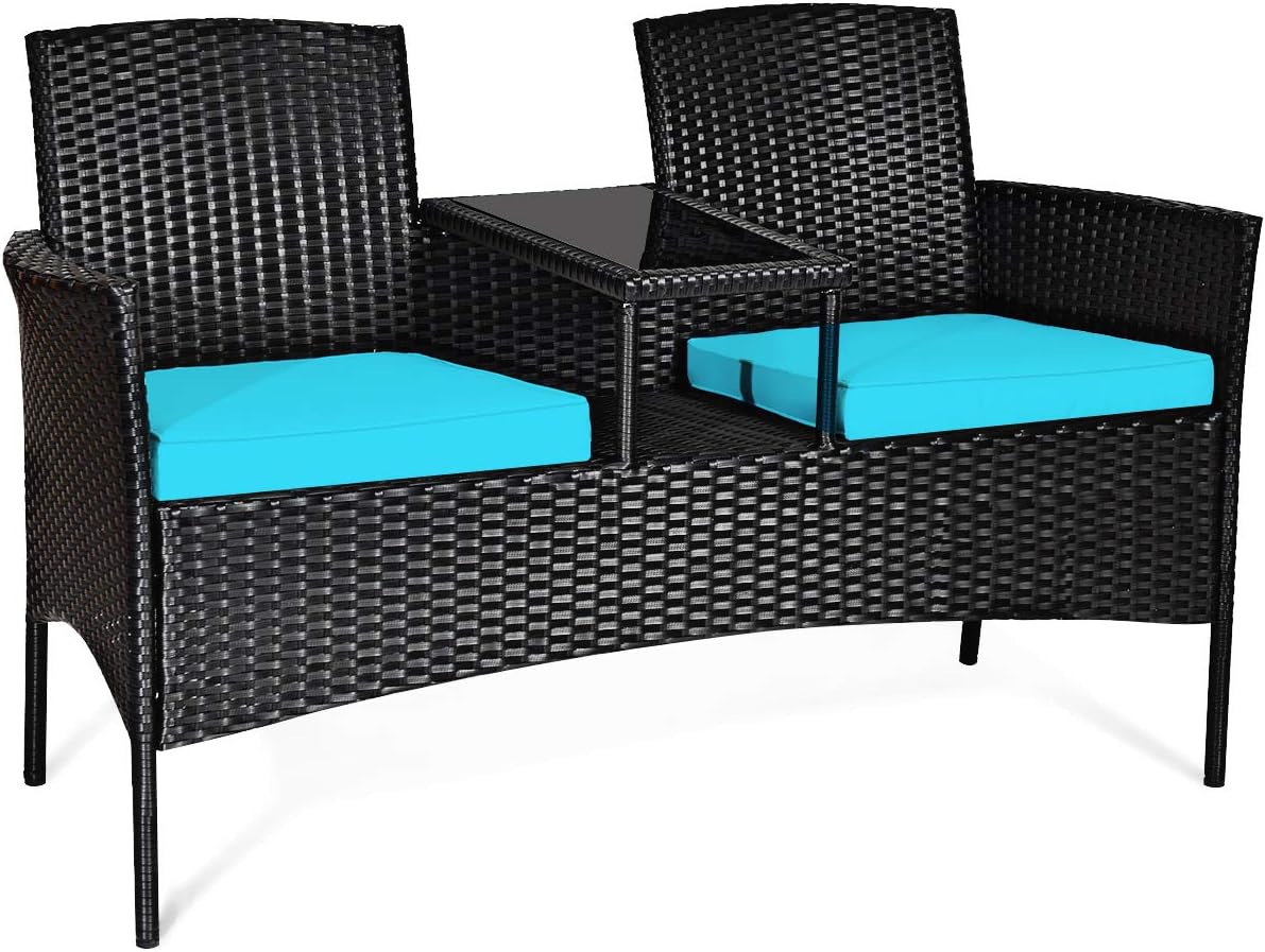 DORTALA Outdoor Patio Loveseat, Wicker Conversation Set with Cushions and Built-in Coffee Table, 2 Person Rattan Seating for Garden Lawn Backyard, Black+White