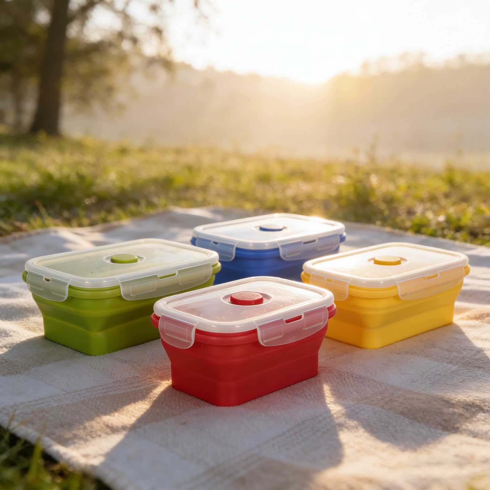4 Piezas Recipientes Plegables de Silicona para Alimentos con Tapa Hermética, Aptos para Microondas y Bolsa de Viaje, Capacidad 350-1200ml, Estructura Flexible y Segura