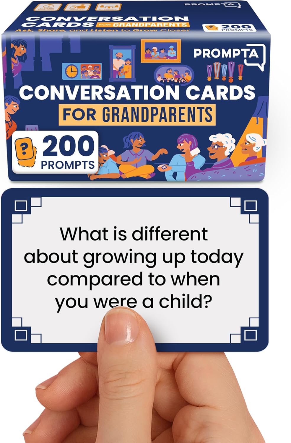 Prompta 200 Conversation Cards for Grandparents – Share Life Stories with Grandkids and Grow Closer as a Family – 3.5” x 2.5” Large Print Interview Question Conversation Starters for Seniors