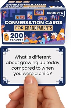 Prompta 200 Conversation Cards for Grandparents Share Life Stories with Grandkids and Grow Closer as a Family 3.5 x 2.5 Large Print Interview Question Conversation Starters for Seniors