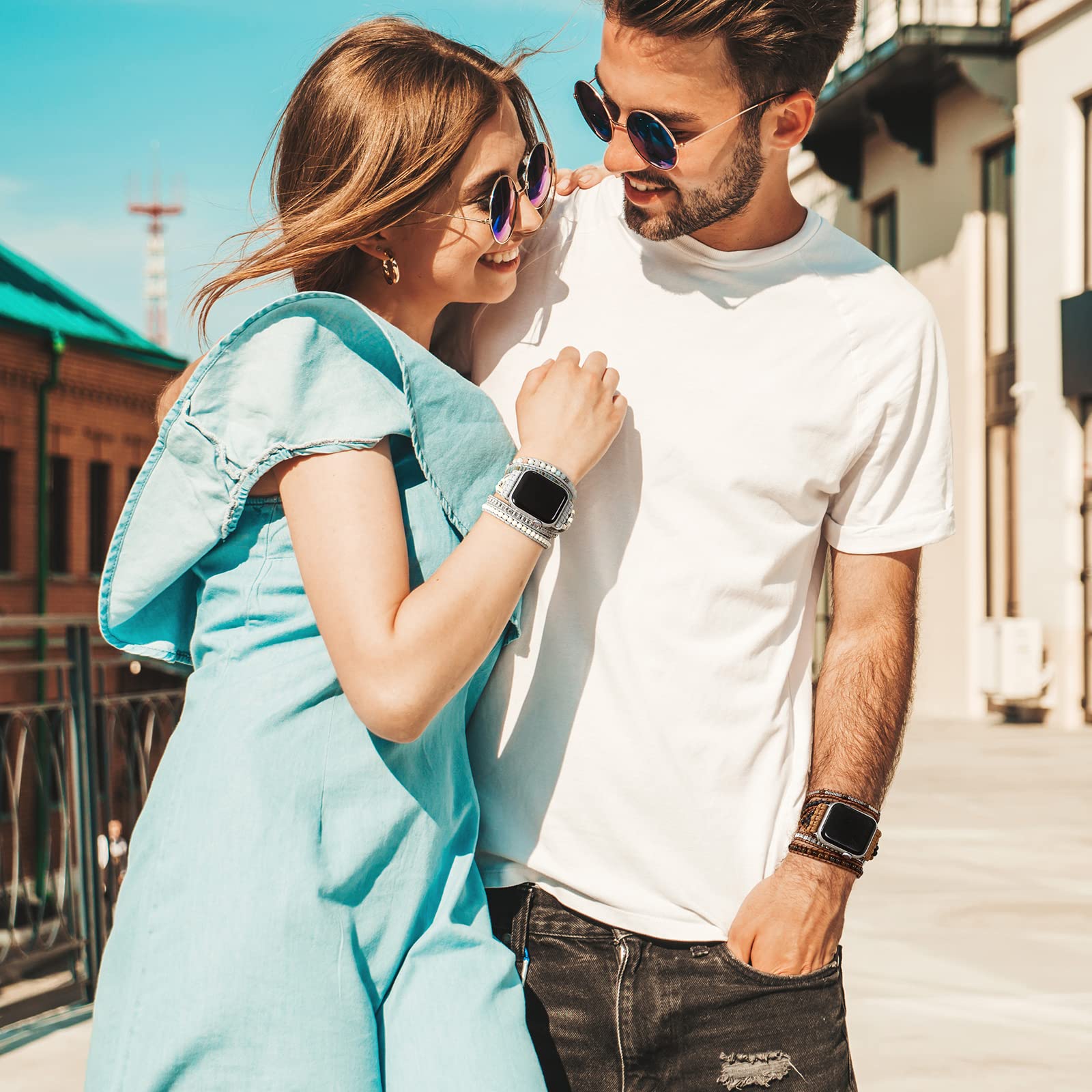 Pasek kompatybilny z Fitbit Versa 4, 3, Sense 2, Sense Band dla kobiet, skórzany pasek z koralikami naturalny kamień zawijany Boho Watch Band do Fitbit Versa 4 Band wymienny