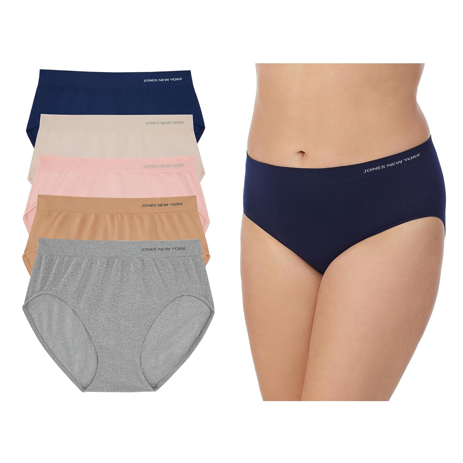 Jones New York Underwear for Women High Cut Brief Full Coverage Seamless Stretch Comfort Panties - 5 Pack