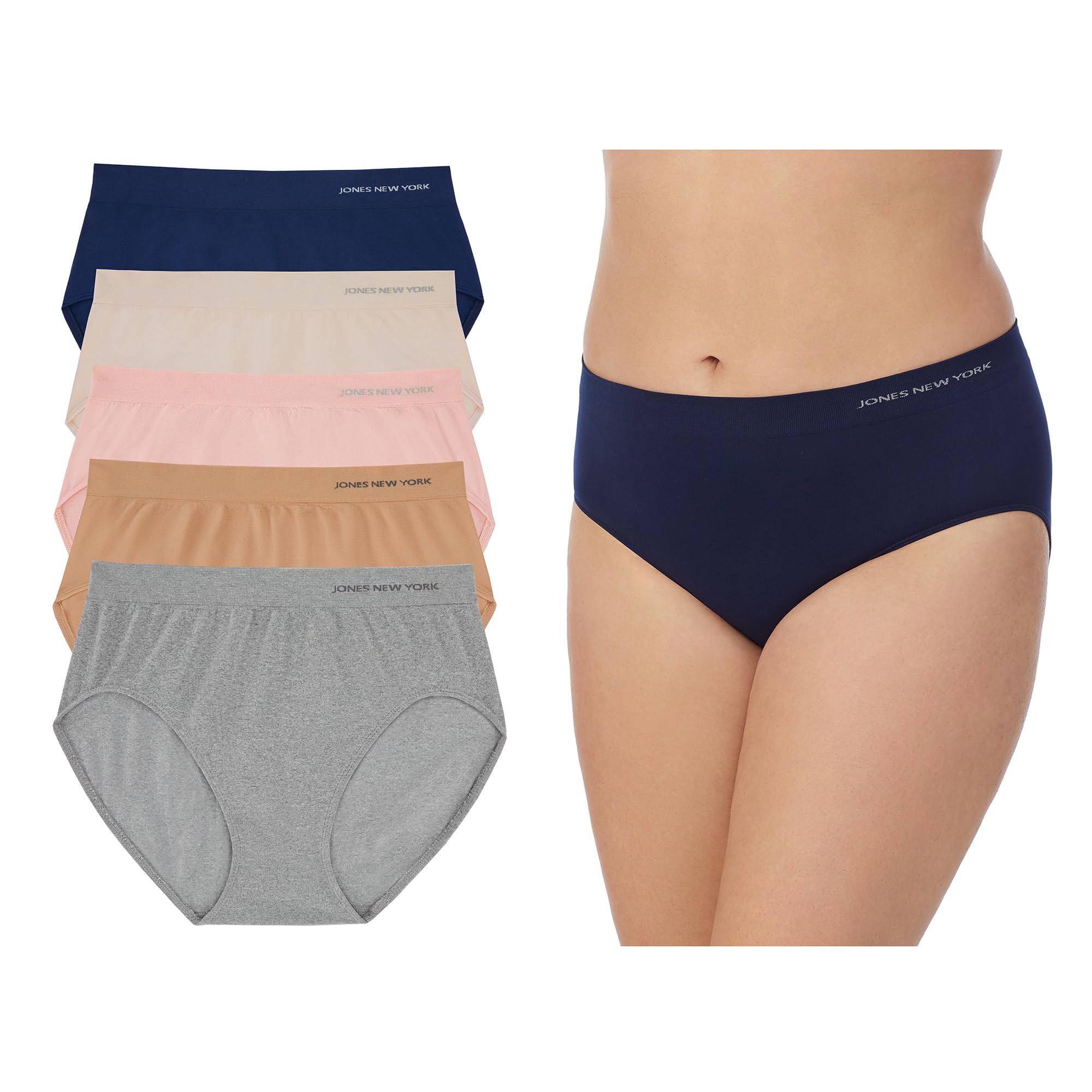 Jones New York Underwear for Women High Cut Brief Full Coverage Seamless Stretch Comfort Panties - 5 Pack