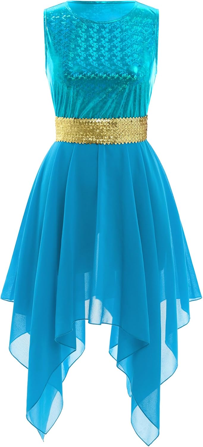 IBAKOM Praise Dance Dress Women Metallic Tank Top Gold Sequins Chiffon Skirt Worship Tunic and Overlay Liturgical Dancewear