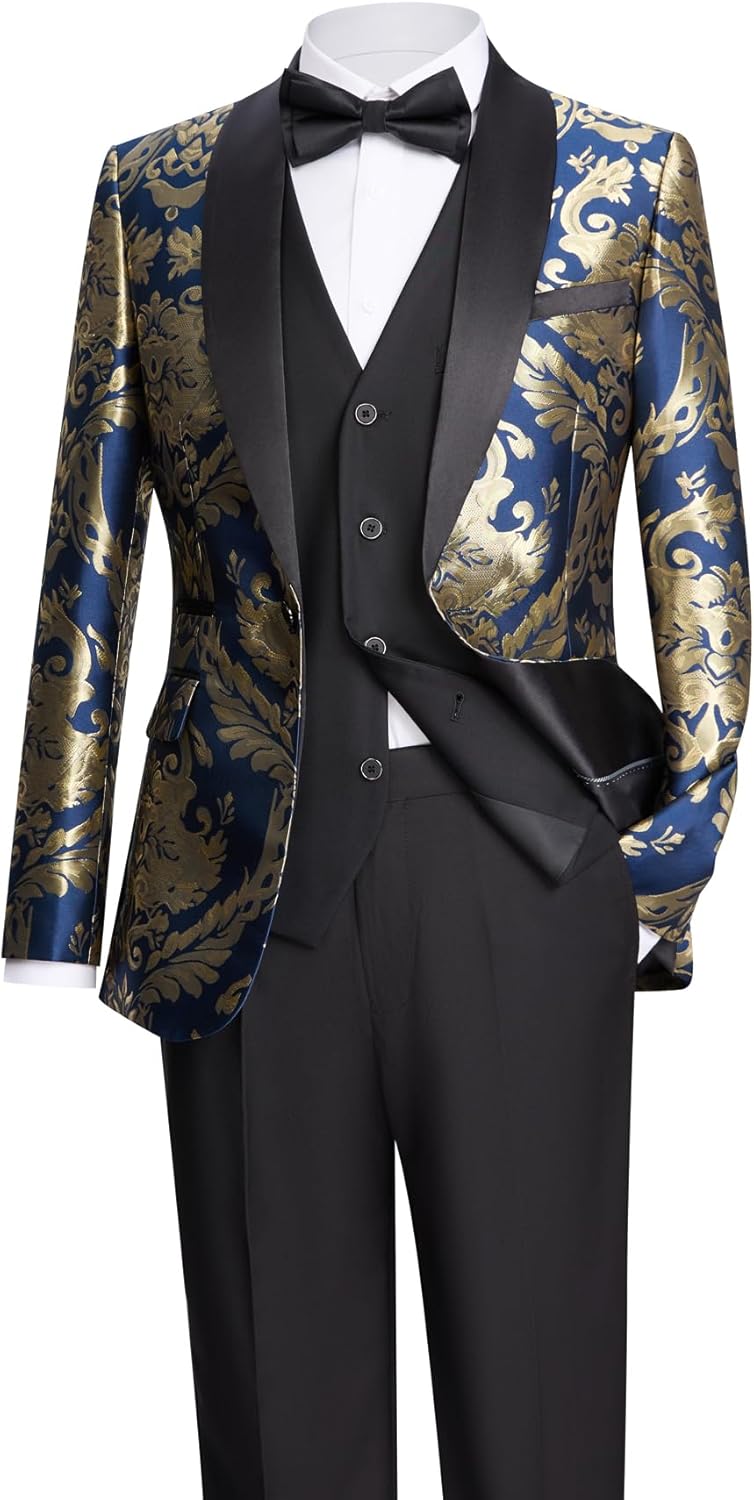 Men's Suit 3-Piece Shawl Lapel Tuxedo Set | Floral Jacquard Blazer Jacket, Slim Fit Vest & Pants for Wedding Prom