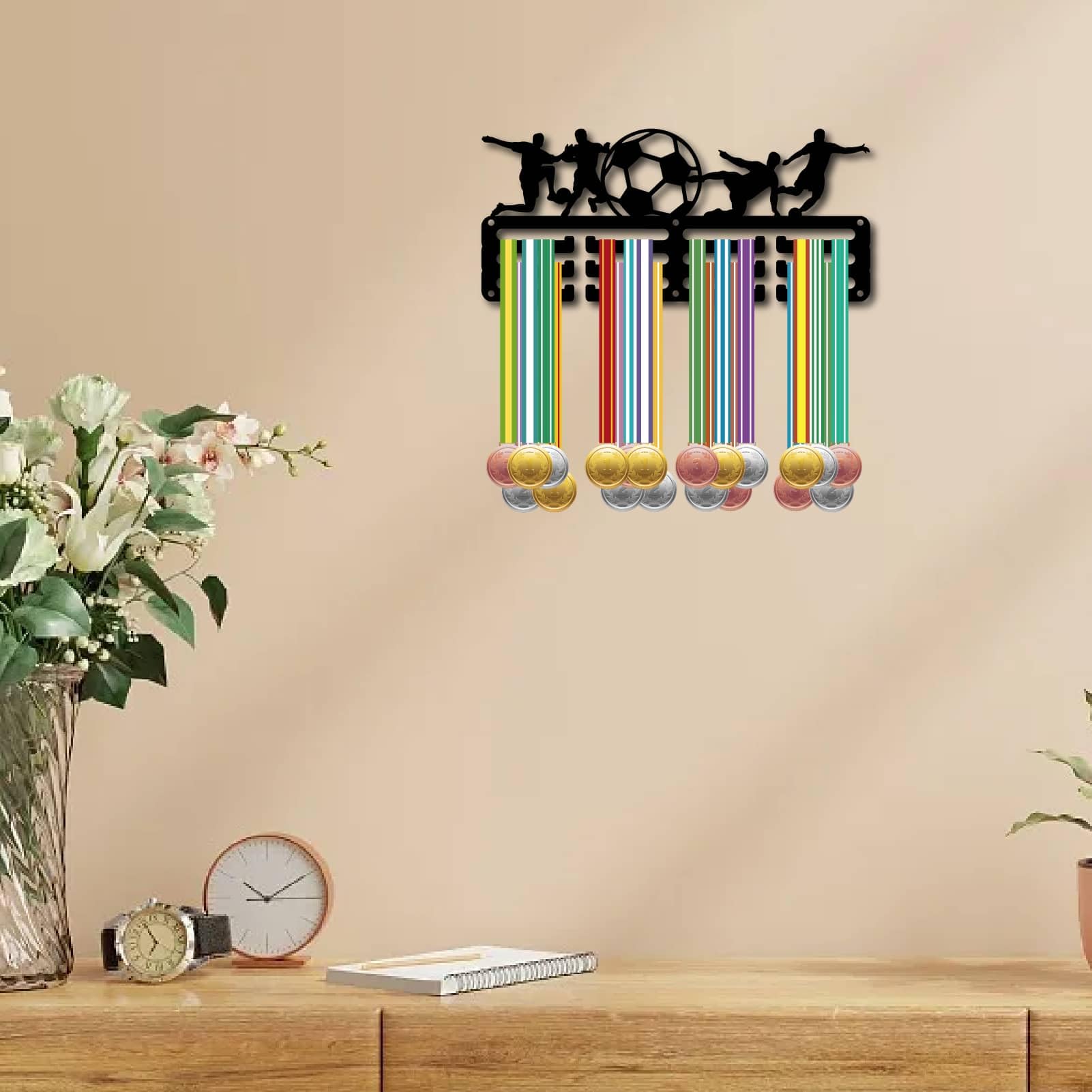 Porta Medaglie Da Calcio In Acrilico - Display Da Parete 29x13cm Con Scritta 'SOCCER' - Foto 6