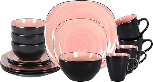Juego de vajilla de cerámica de 16 piezas en forma cuadrada, interior con remolino rosa de Spinwash + exterior negro