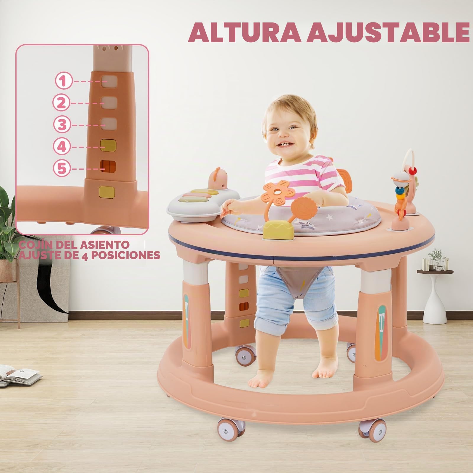 Andador 3 en 1 para Bebés (6+ Meses),Altura Ajustable, Asiento Giratorio 360°,Ruedas Silenciosas,3 Modos de Uso,Disco Musical + Cojín Transpirable,Diseño Seguro y Estable