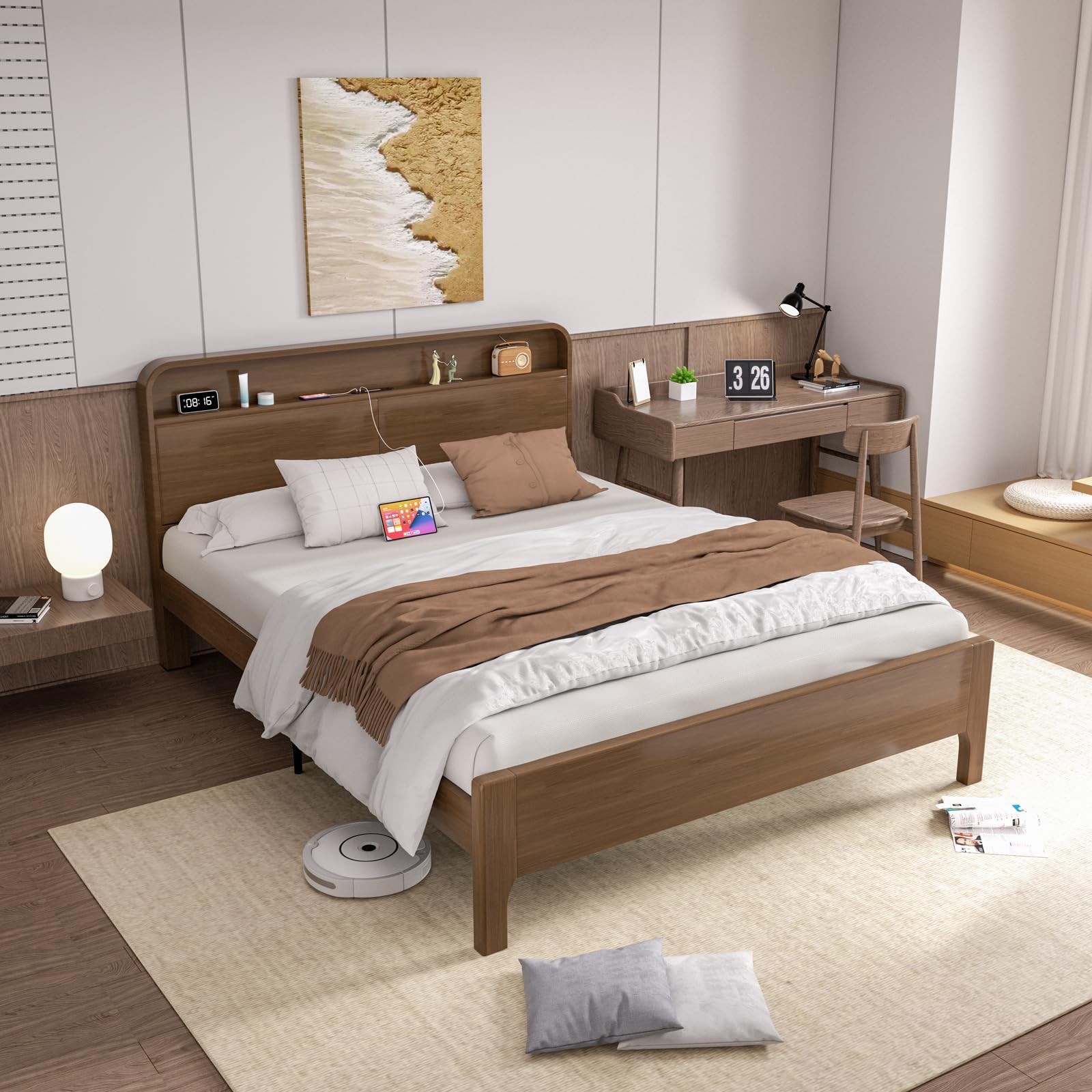 Wood Bed Frame,Mid Century Modern Solid Wooden Platform Bed with Storage Headboard,Built in Charging Station&Small Night Light, Wooden Bed Slats,No Box Spring Needed,Noise-Free(Queen Walnut)