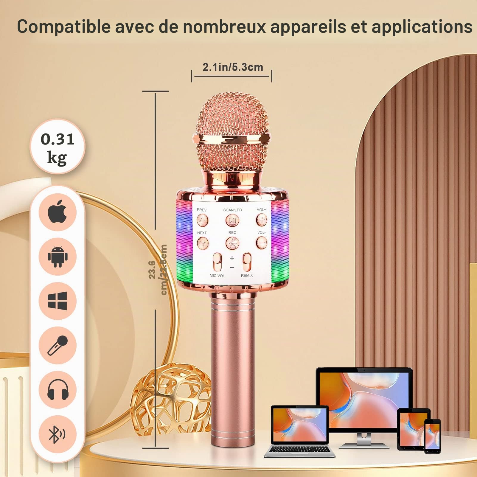 ShinePick Microphone Karaoke sans Fil, Micro Karaoké Bluetooth Portable avec LED Lumière Disco pour Enfants/Adultes Chanter, Compatible avec Android/iOS/PC/Smartphone (Or Rose)
