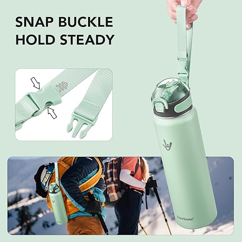 Miniatura 7 de Enerbone Botella de agua aislada de 32 onzas, botella de acero inoxidable con correa de transporte, diseño de aislamiento al vacío de doble pared