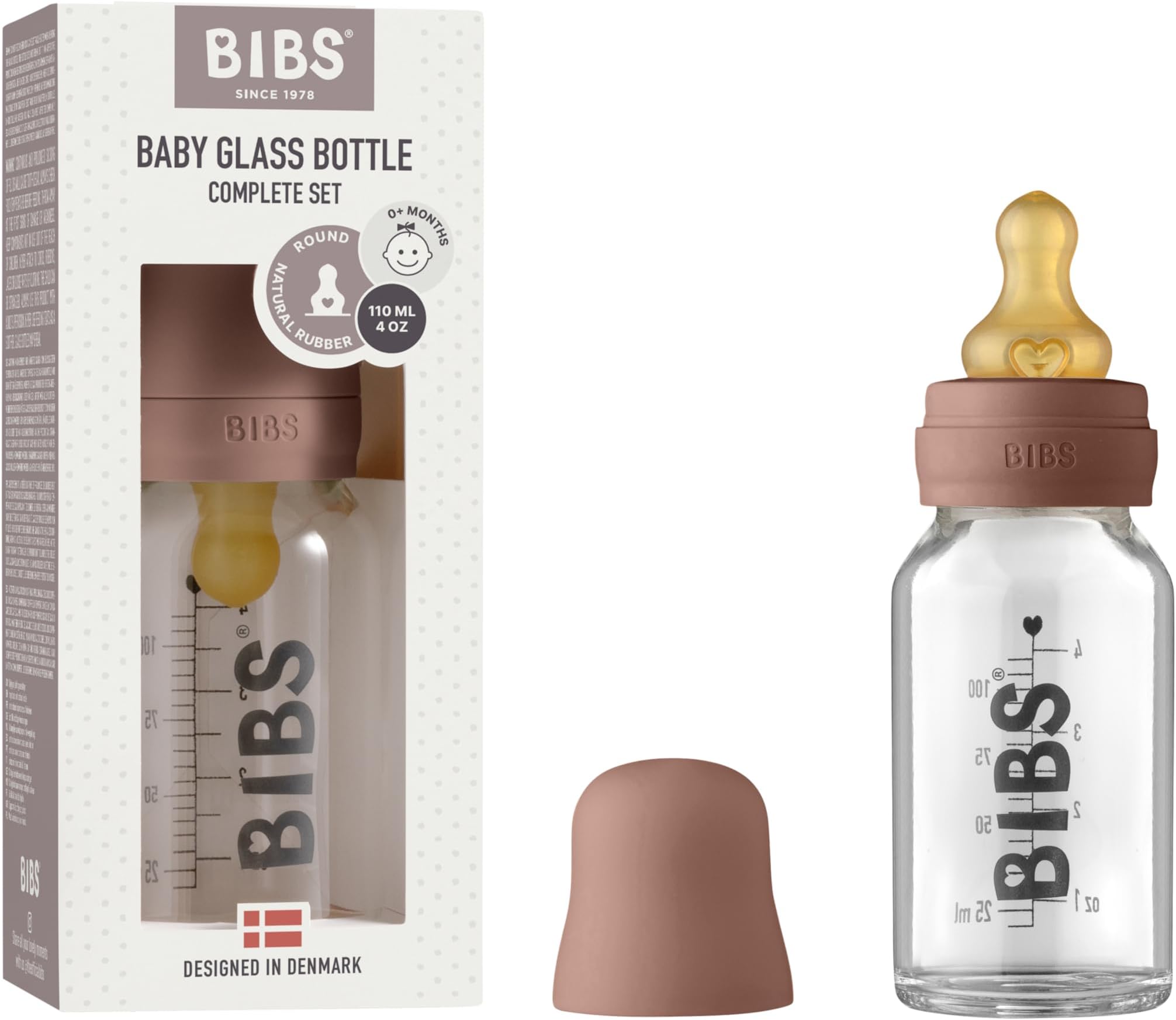 BIBS Baby Glass Bottle. Anti-Colic. Round Natural Rubber Latex Teat. Supports Natural Breastfeeding, 110 ml, Woodchuck