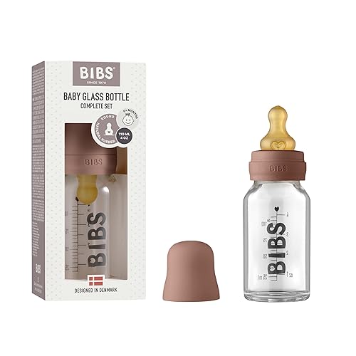 BIBS Biberón de cristal para bebé. Anti-cólico. Pezón redondo de látex de caucho natural. Soporta lactancia materna, juego completo - 3.7 fl oz,
