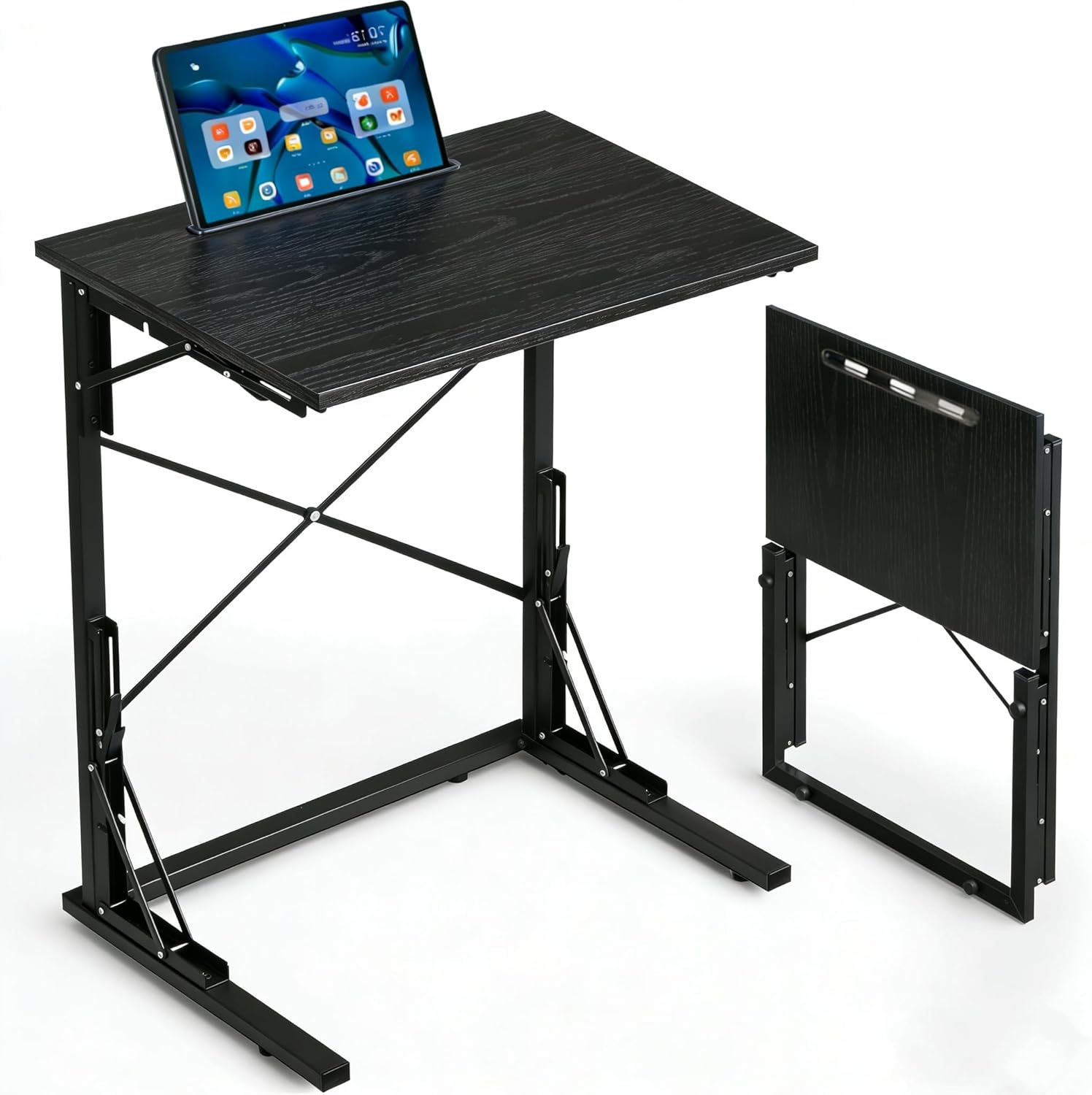 24 inch Foldable TV Tray Table, Foldable Portable C-Shaped Sofa end Table, Oversized Sofa Side Laptop Desk, Suitable for Living Room and Bedroom (2, Rustic Brown)