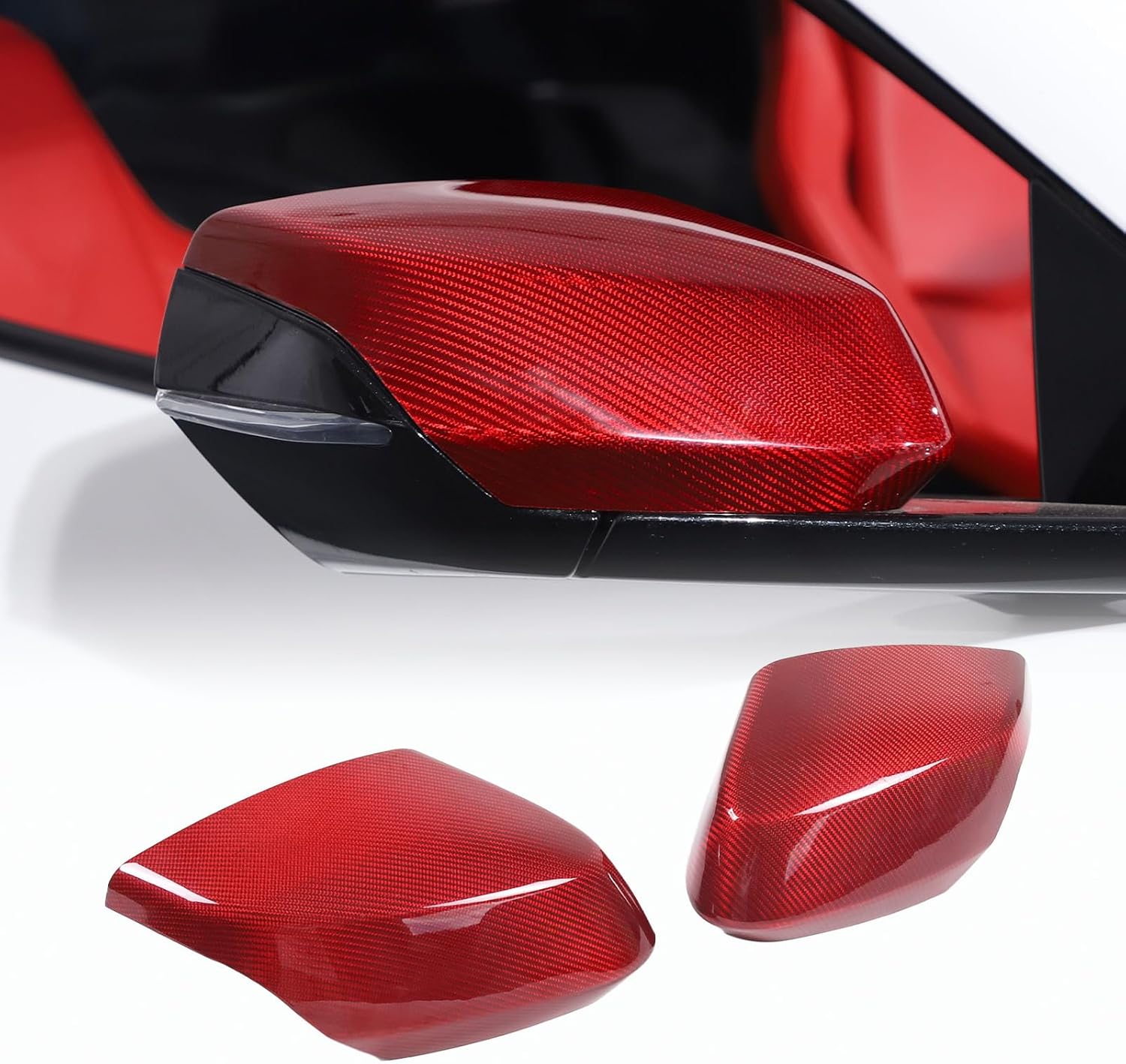 100% Real Carbon Fiber Side Rearview Mirror Guard Cover Trim Compatible with Chevrolet Corvette C8 2020-2023+, Door Rear View Mirror Cover Cap, Add On Style Mirror Caps C8 Accessories (Red)