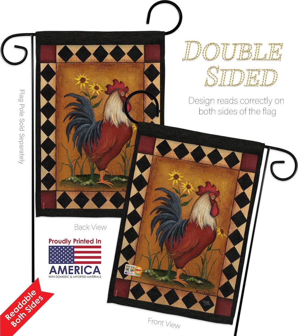 Rooster Garden Flag Set Wall Holder Animals Barnyard Animal Cow Horse Farmhouse Pet Nature Farm Creature Small Decorative Gift Yard House Banner Double-Sided Made In USA 13 X 18.5