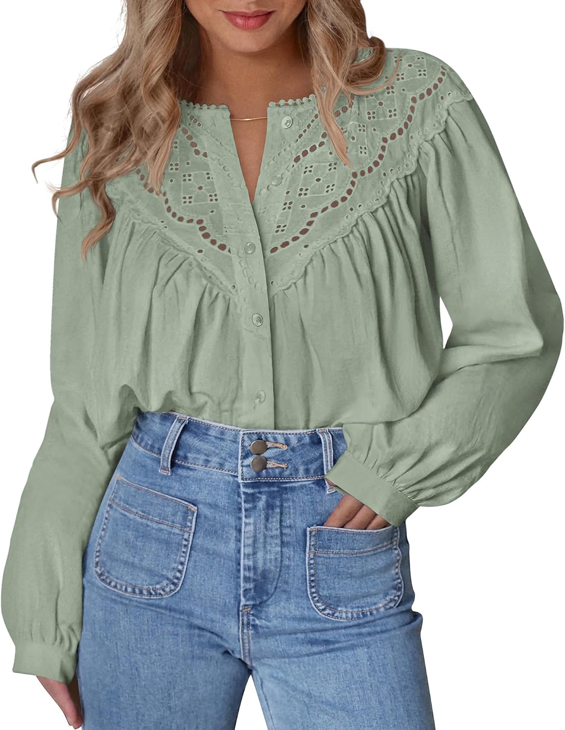 BTFBM Blouses for Women Dressy Casual Fall Clothes 2025 Lace Long Sleeve Tops Lightweight Spring Button Down Shirts