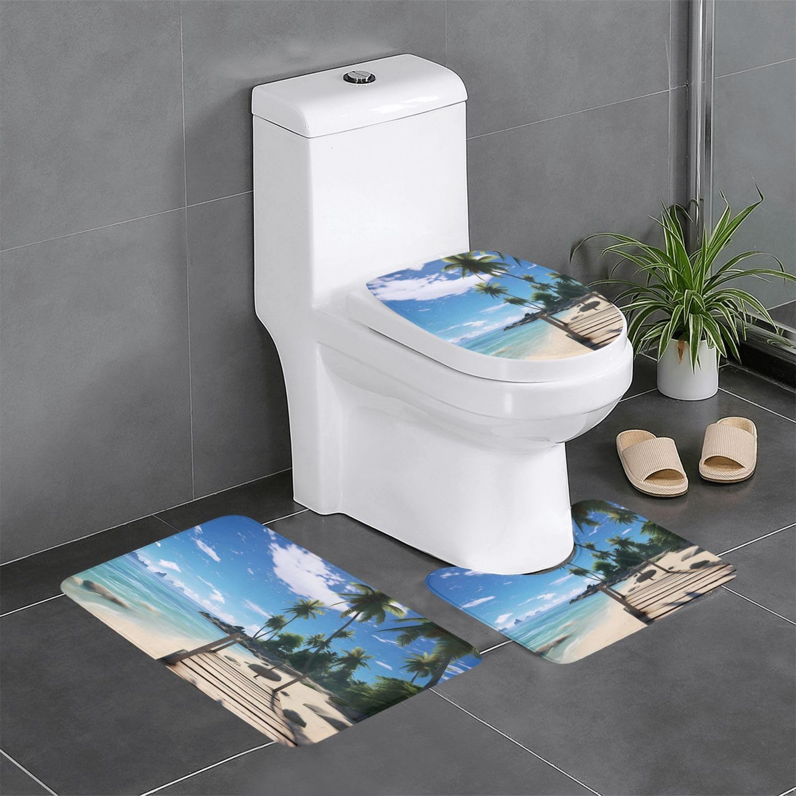 Tapis de salle de bain antidérapant Paradise Beach - Lot de 3 contre le carrelage froid du WC