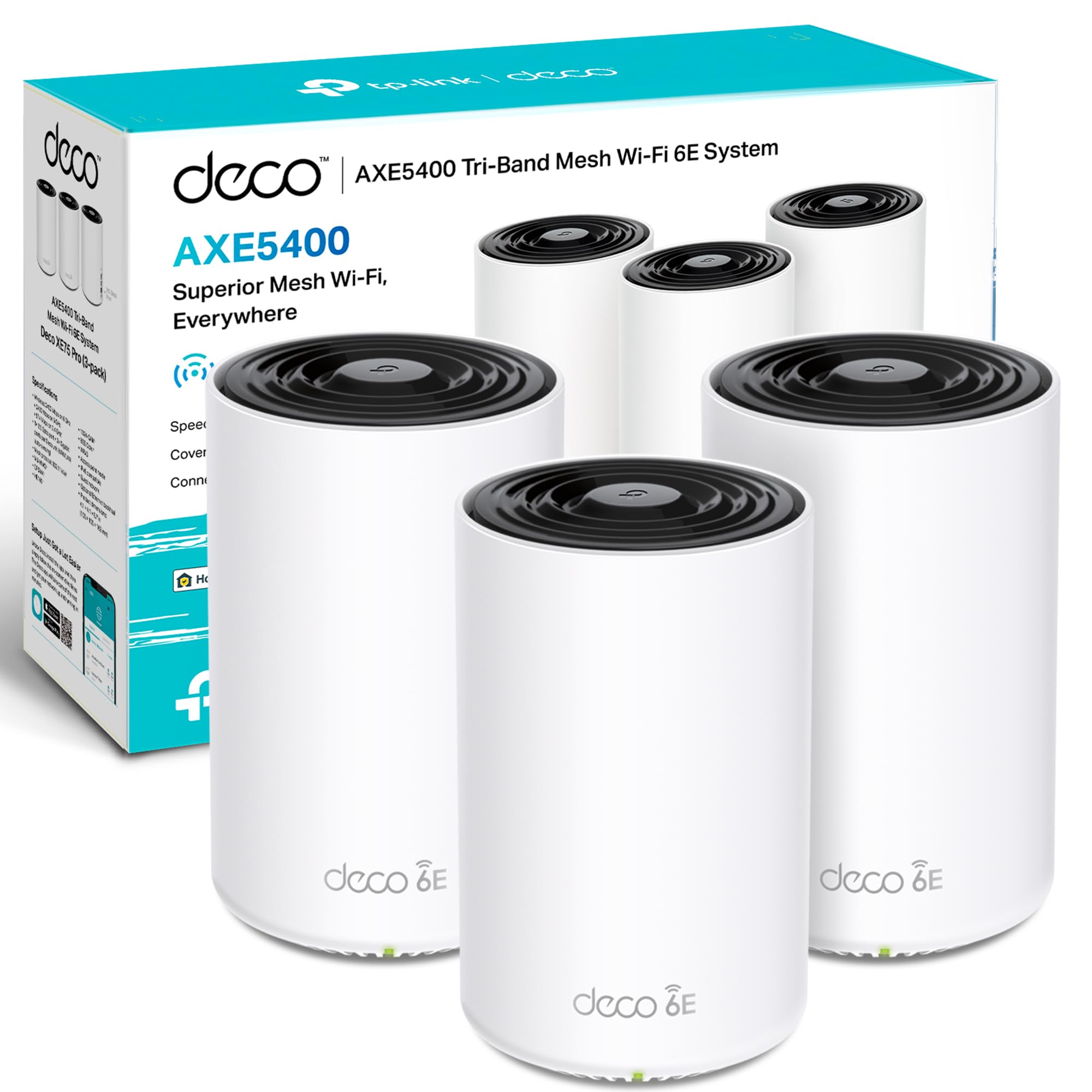 TP-Link Deco WiFi 6E Mesh AXE5400 Mbps Tri-banda XE75 Pro, 670㎡ Cobertura, WPA3, 1 puerto 2.5G, 2 puertos Gigabit, ideal para casas grandes