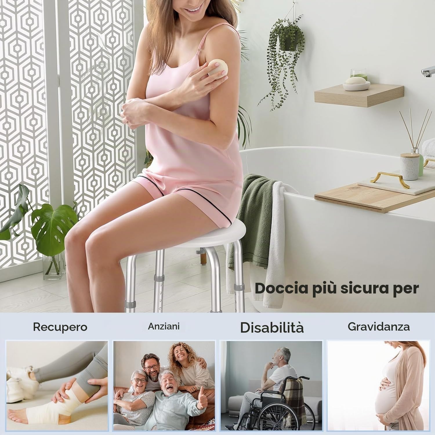 Careboda Sgabello doccia, 34-52cm, Alluminio, punte in gomma antiscivolo | Sgabello alluminio, alt. 34-52cm, punte gomma antiscivolo, robusto, anziani/incinte/mobilità ridotta.