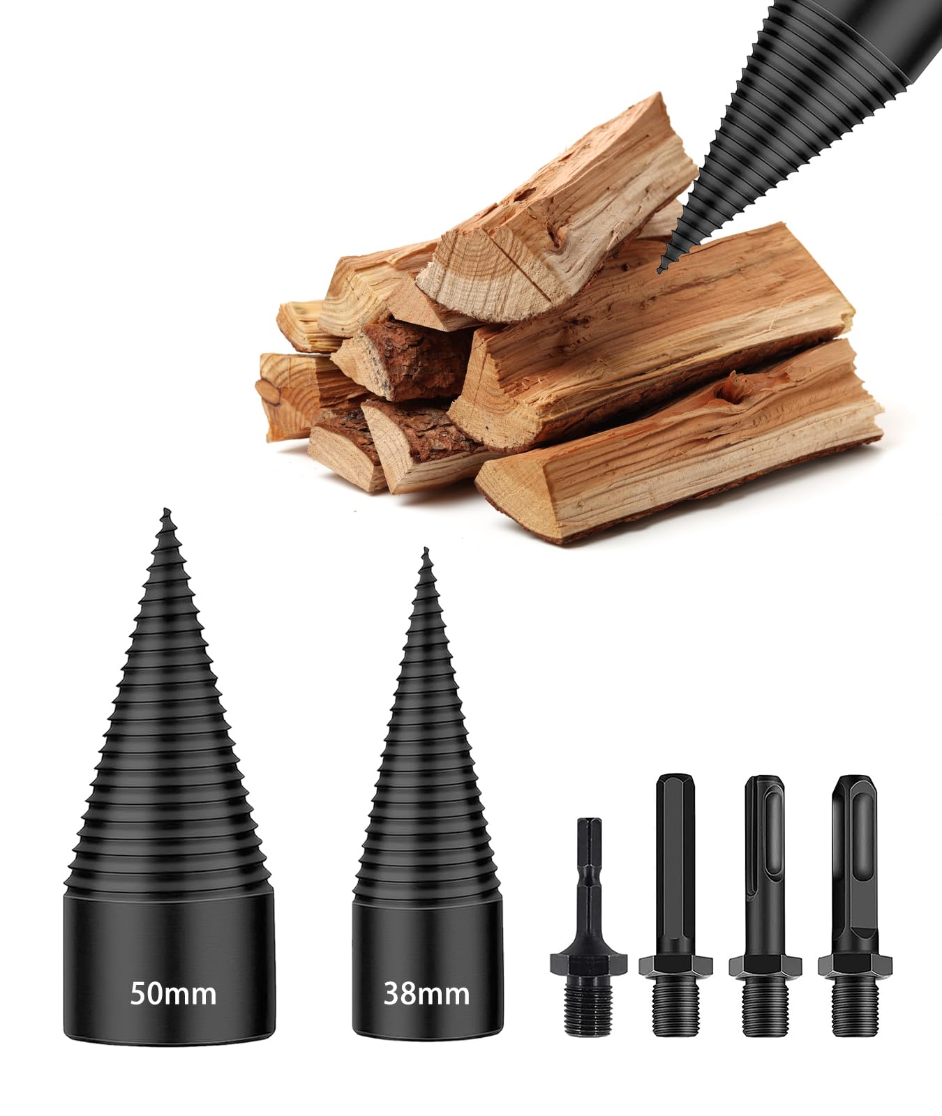 Lot de 6 forets à bois de chauffage, 50 mm + 38 mm, très résistants avec 4 poignées (carré + rond + tige hexagonale + petit hexagonal) pour perceuse électrique, fendeur de petit bois