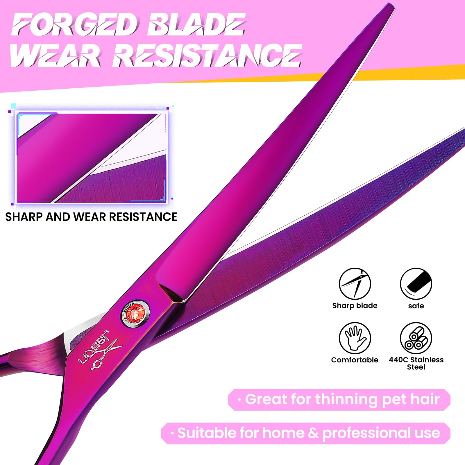 JASON Ciseaux Professionnels Courbes pour Chiens et Chats - 7,5" à Fourrure pour Animaux de Compagnie (Courbes Vers le Haut, Violet)