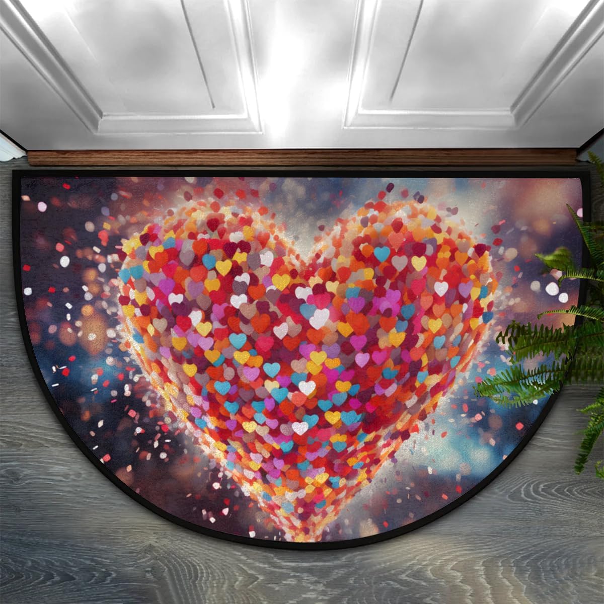Half Round Door Mat Valentine's Day Colorful Heart Non-Slip Semi Circle Area Rug Washable Semi Circle Floor Rug for Indoor Outdoor Living Room Bathroom Kitchen Patio Hearth Rugs Home Decoration