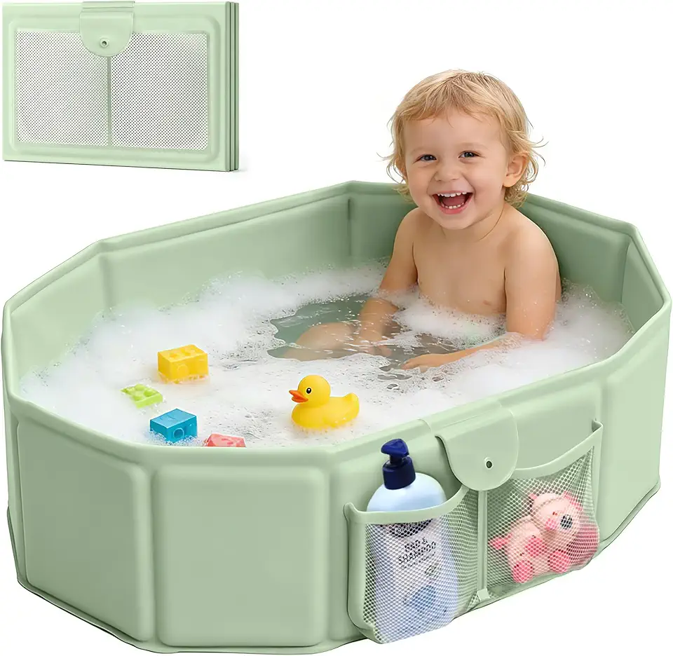 UNCLE WU Banheira dobrável para bebês (12 a 4 anos) – Banheira portátil de viagem converte chuveiro em banheira – Grande bacia dobrável profunda com bolsos de armazenamento de malha, antiderrapante e