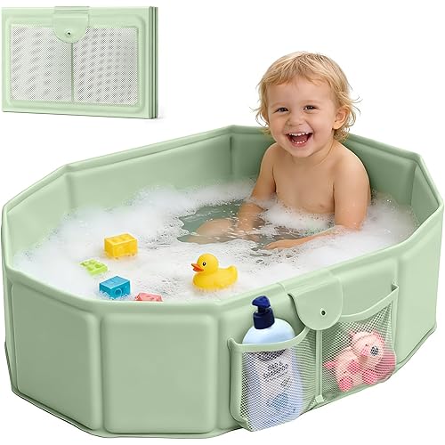 Toddler Bathtub for Shower (12M-5Y) – Large Collapsible Portable Tub Converts Shower Stall to Bath – Sturdy, Non-Slip with Mesh Storage Pocket & Fast Drain for Kids & Small Bathroom