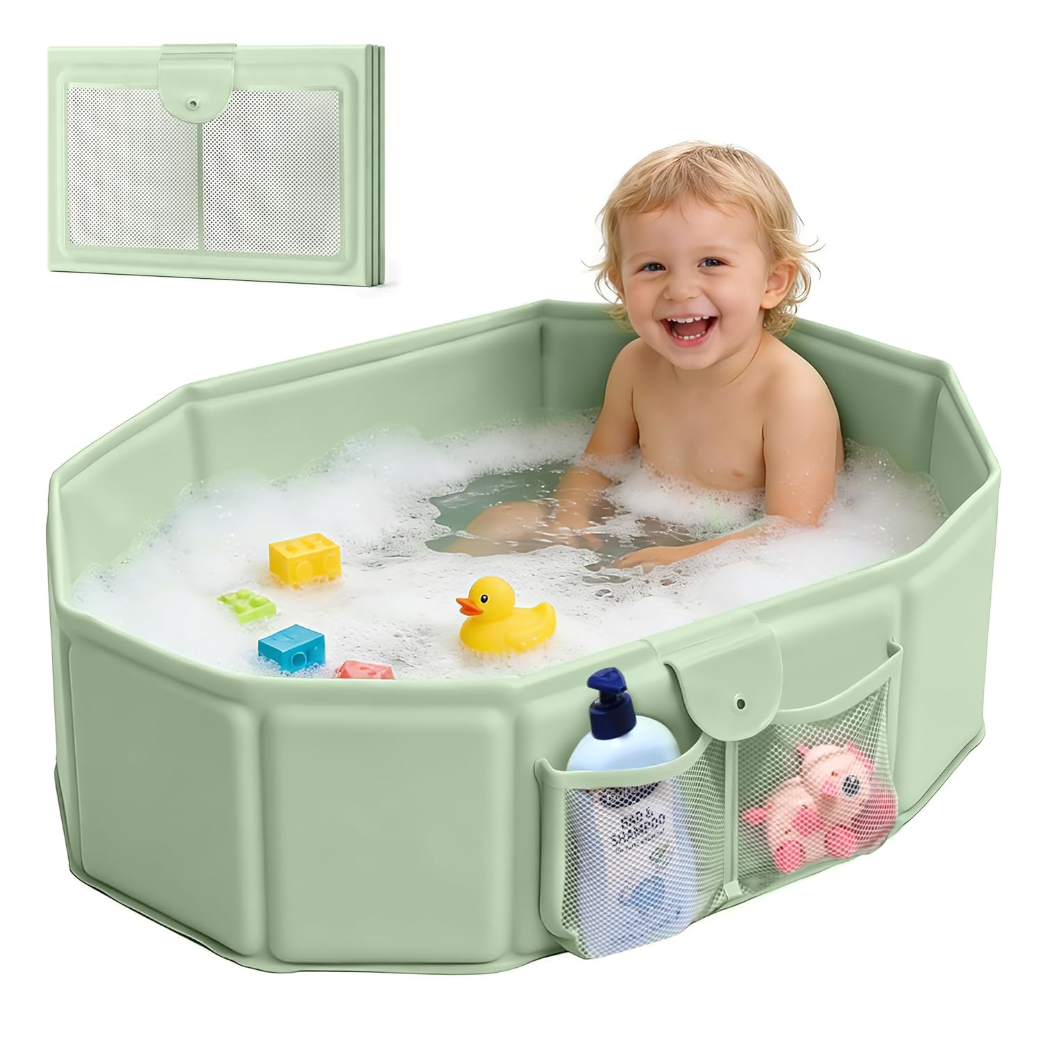Toddler Bathtub for Shower (12M-5Y) – Large Collapsible Portable Tub Converts Shower Stall to Bath – Sturdy, Non-Slip with Mesh Storage Pocket & Fast Drain for Kids & Small Bathroom