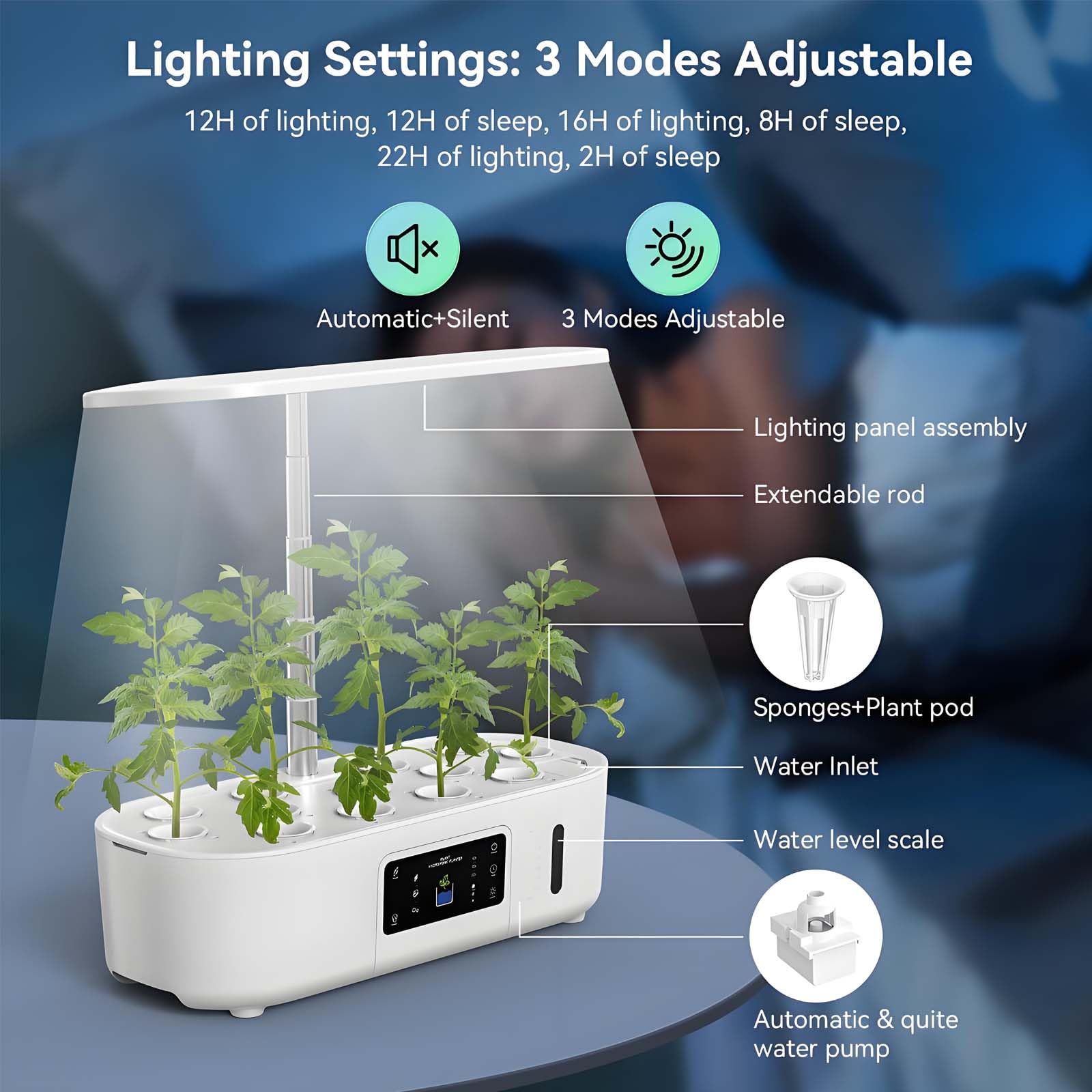 Kit per giardino idroponico da interno con luce a spettro completo, irrigazione automatica per erbe aromatiche, verdure e frutta, vaso da appoggio intelligente senza terra white