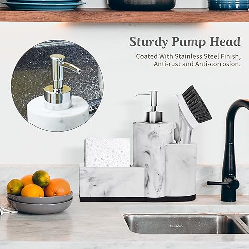 Vista 4 de zccz Dispensador de jabón con soporte de esponja y soporte para cepillo, dispensador de jabón de cocina con patrón de mármol, dispensador de jabón