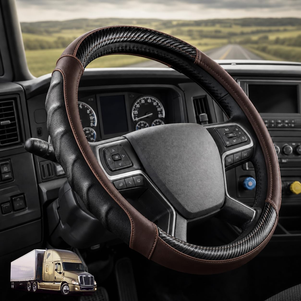 18 Inch Semi Truck Steering Wheel Cover for Freightliner Cascadia, Kenworth T680 T880, Peterbilt 579 &amp; Volvo VNL – Heavy Duty Anti-Slip Leather Grip for Big Rig Class 8 Trucks – Dark Brown