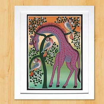 Amazon.co.jp: ティンガティンガアート 『花の樹に憩うキリンと