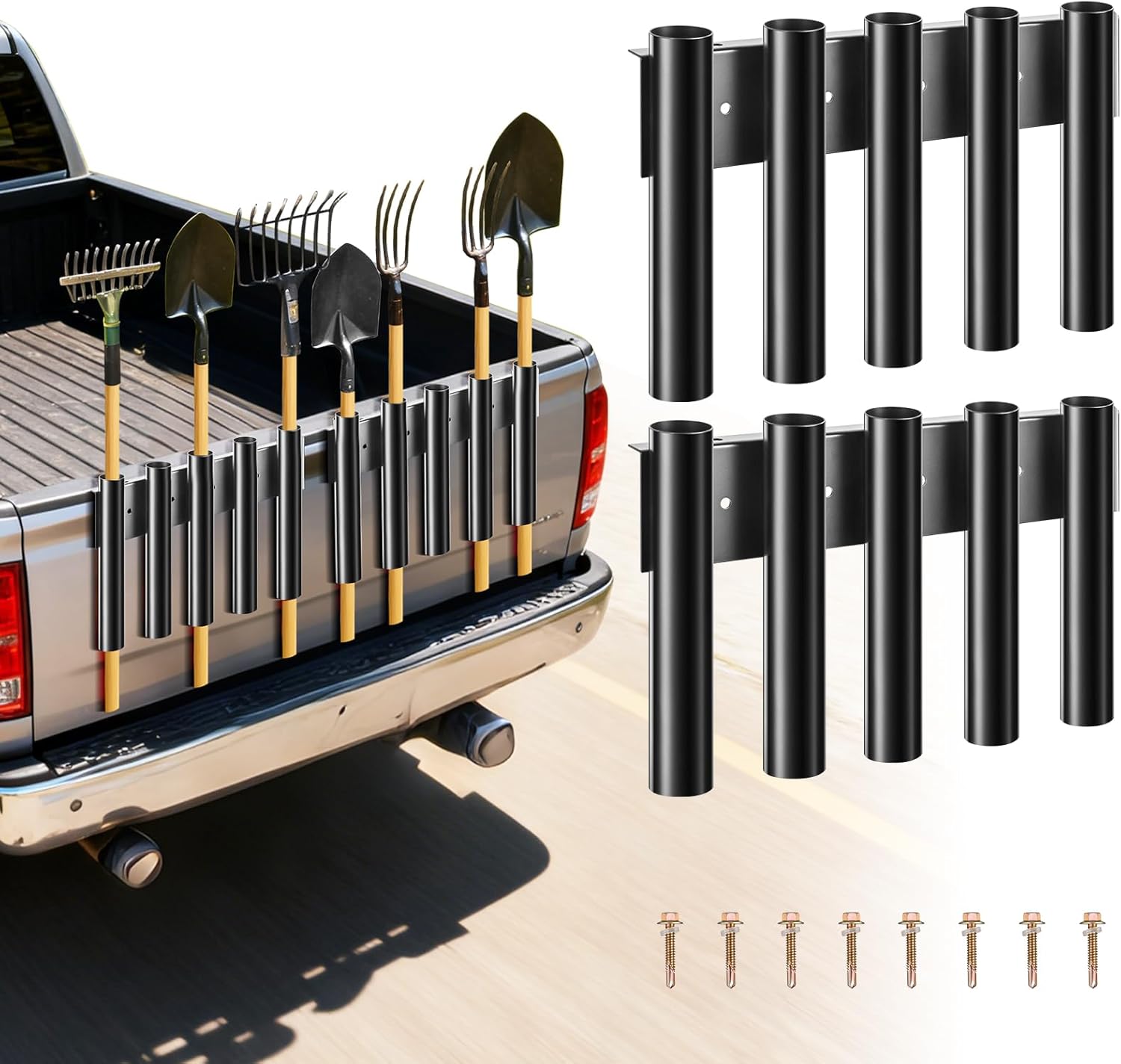 10 Hole Shovel Holder for Truck Bed & Trailer, Heavy-Duty Steel Tool Rack with 2 Mounting Groups, Universal Organizer for Shovel, Rake, Trimmer, Lawn Tools, Black