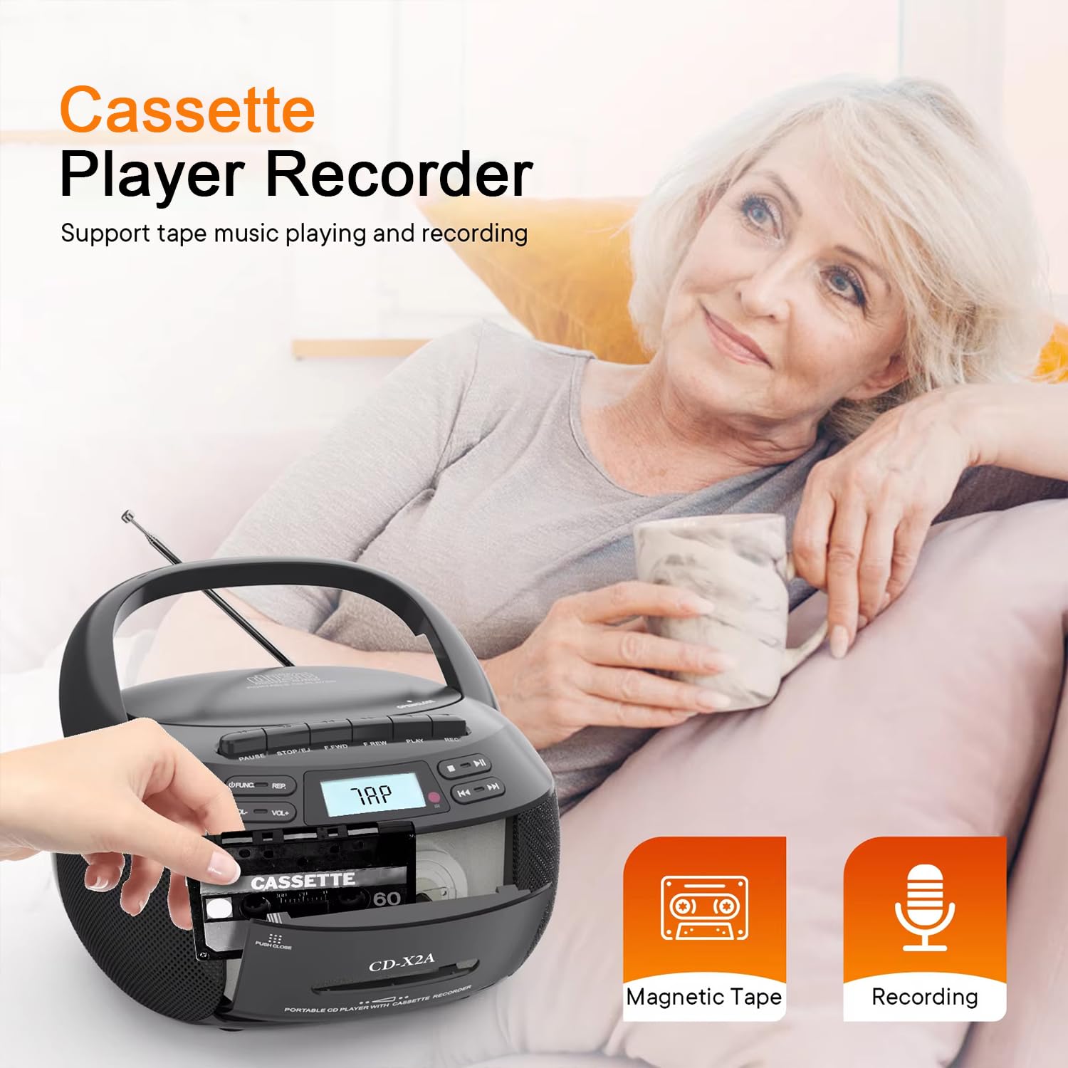 Odtwarzacz CD z radiem, zestaw kaset Boombox, Bluetooth, AM/FM, pilot zdalnego sterowania, podwójne głośniki dźwięk stereo, podwójny zasilacz do domu i dzieci