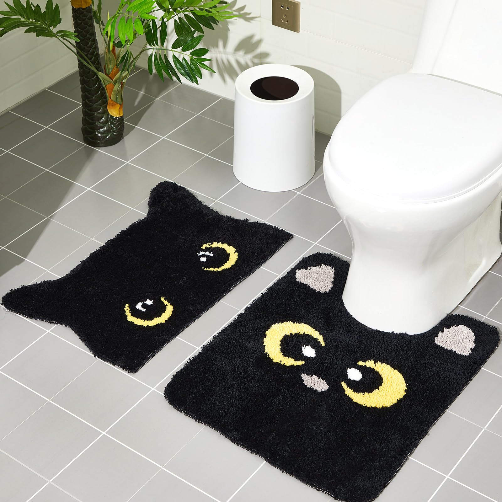 Drydiet 2 Pcs Bathroom Rug U Shaped Black Cat Toilet Rug Cute Cat Bath Mat Washable Soft and Absorbent Bathroom Rugs Non Slip Bath Machine Wash (Black, 24" x 20" Plus 24" x 16")